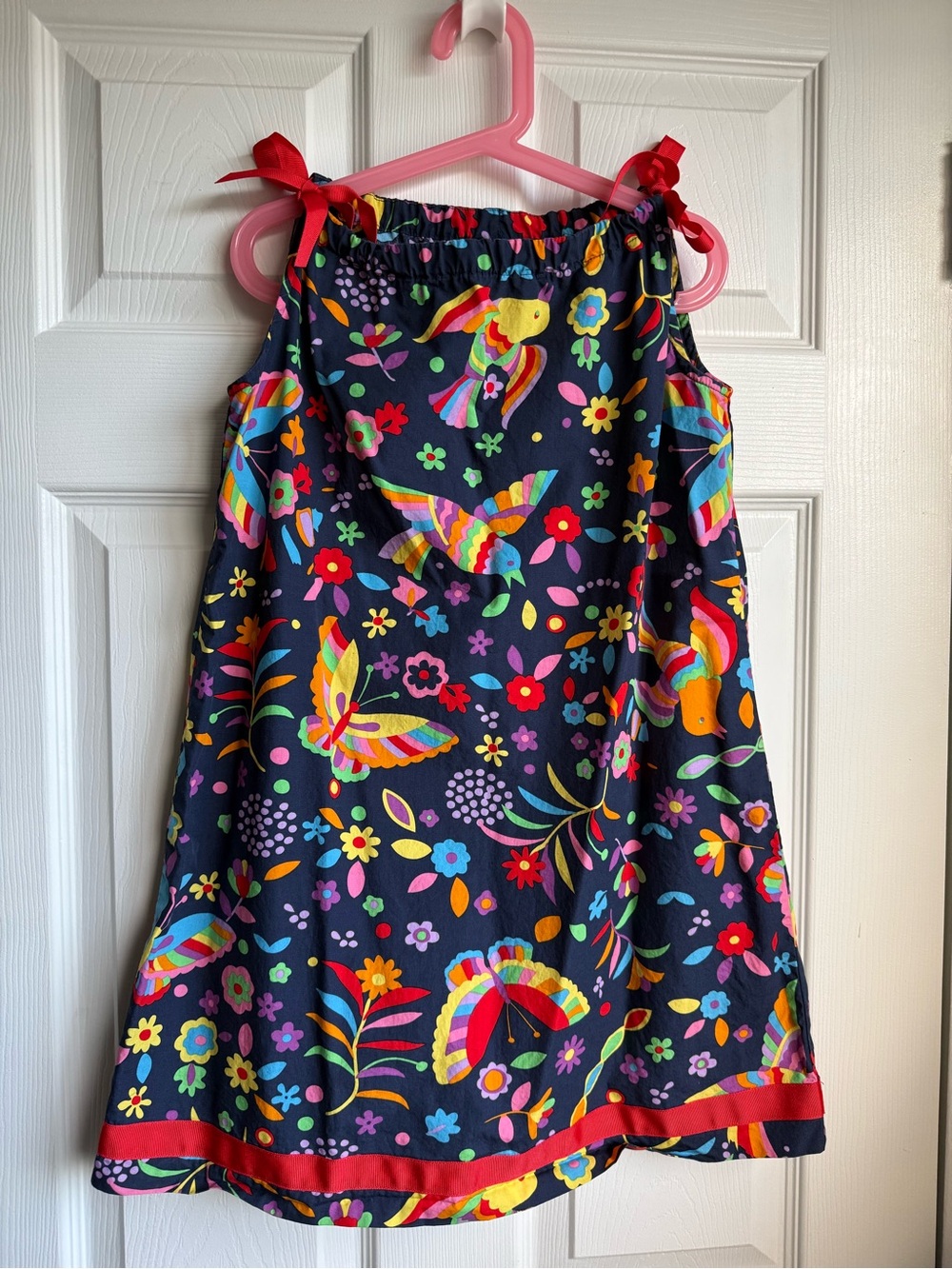 Hanna Andersson Navy Rainbow Bird Butterfly Tie Dress Size 130 (7/8)